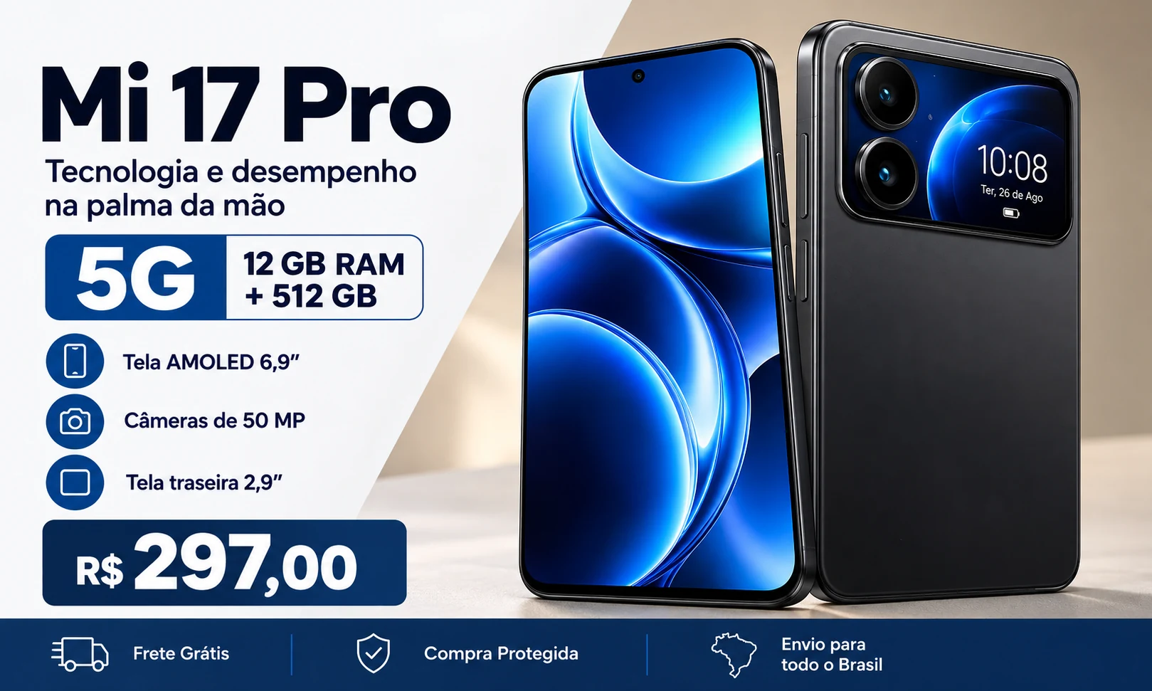Anúncio do Mi 17 Pro: celular com tela dupla, 12GB de RAM, 512GB e preço de R$ 297,00